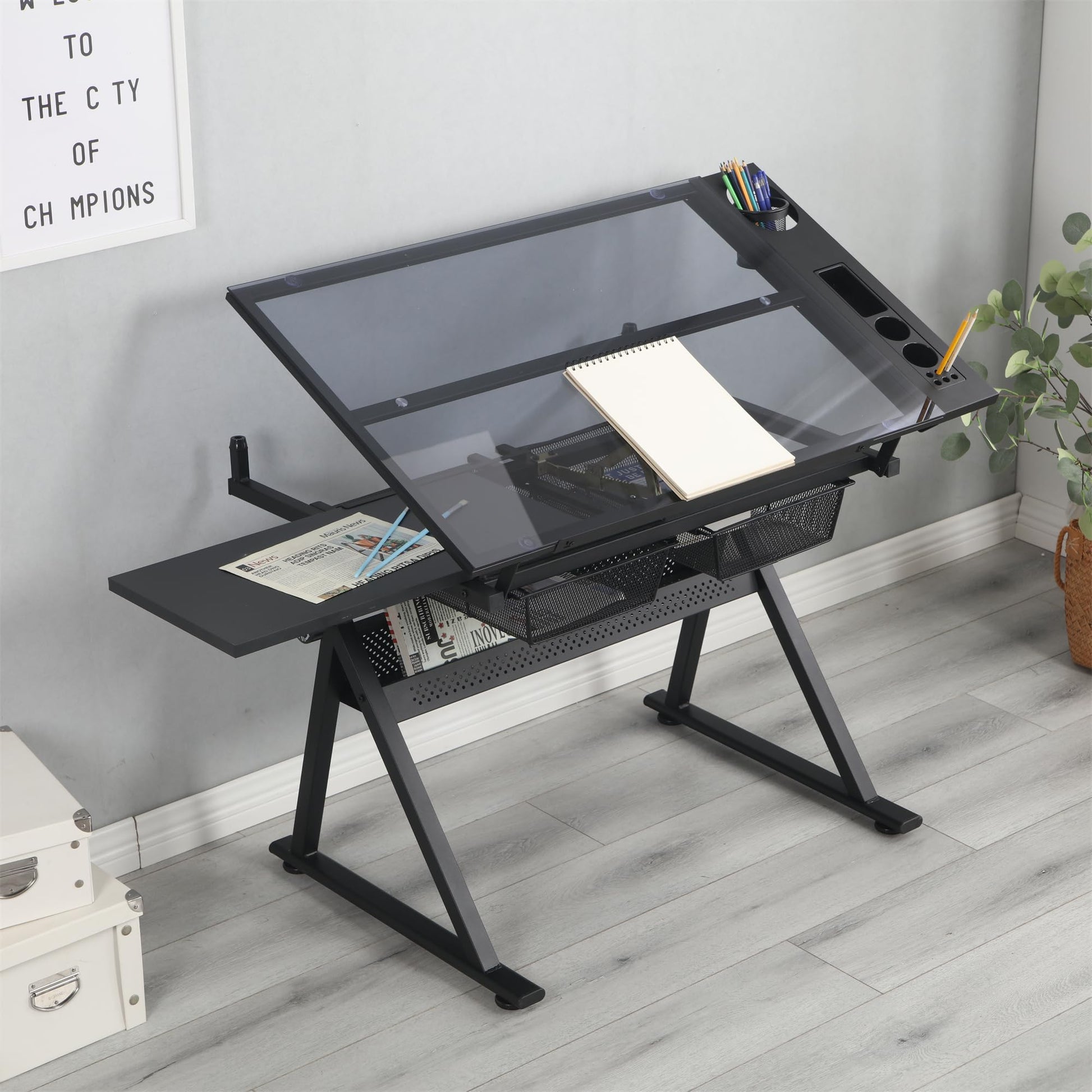 LKJYBG Drafting Printing Table with Chair 0-75° 31.5"-49.5" Adjustable Height Tempered Glass Drawing Table Suitable for Drawing Crafting Painting Black - WoodArtSupply