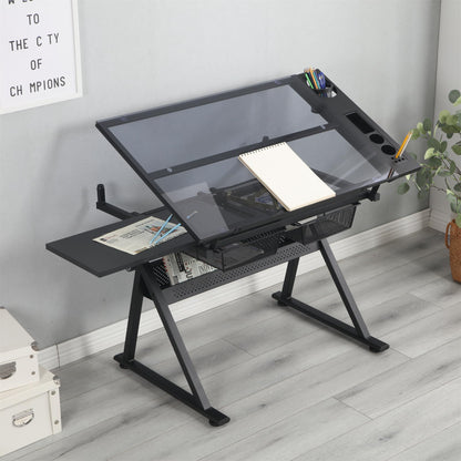 LKJYBG Drafting Printing Table with Chair 0-75° 31.5"-49.5" Adjustable Height Tempered Glass Drawing Table Suitable for Drawing Crafting Painting Black - WoodArtSupply