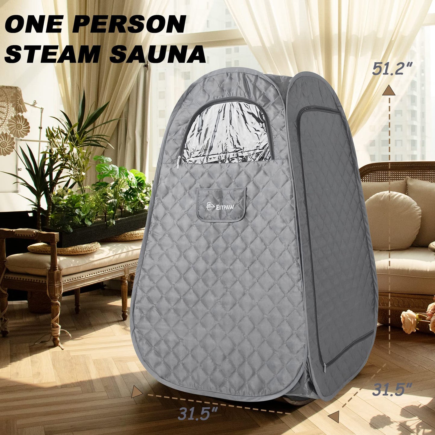 Eitpaw Portable Sauna for Home, Personal Steam Sauna for Home Spa, Full Size Portable Sauna with Foldable Chair, Remote Control Included, Grey, 110V