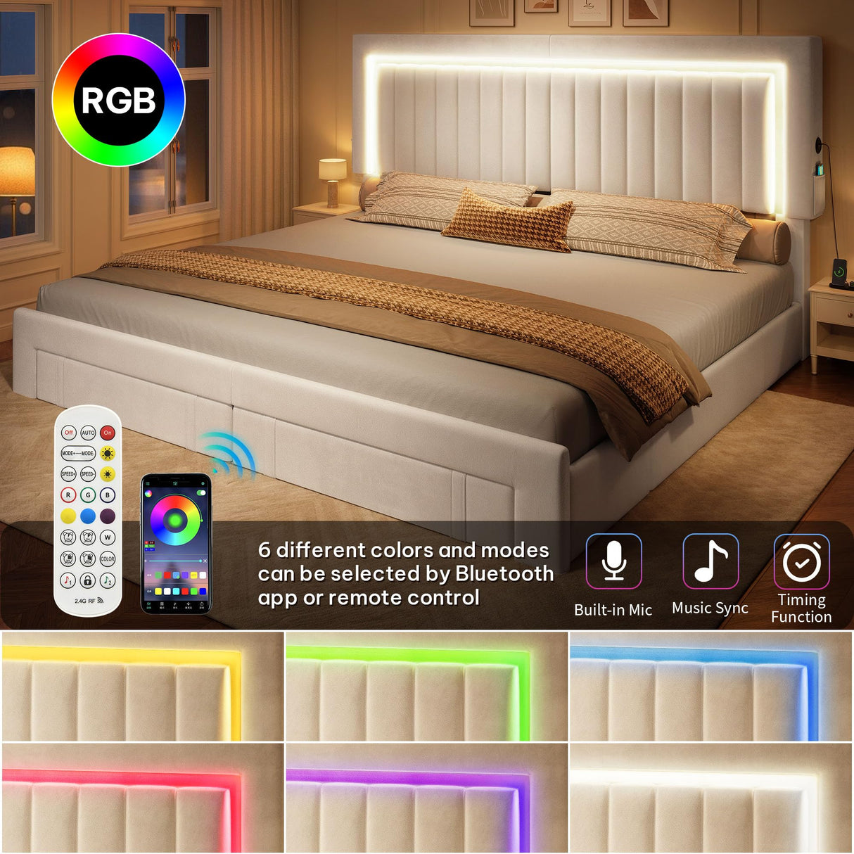 YITAHOME King Size Bed Frame with Adjustable Headboard, 4 Storage Drawers and RGB LED Lights, Velvet Upholstered Platform Bed with USB Ports, No Box Spring Needed, Fast Assembly, Noise-Free, White YITAHOME