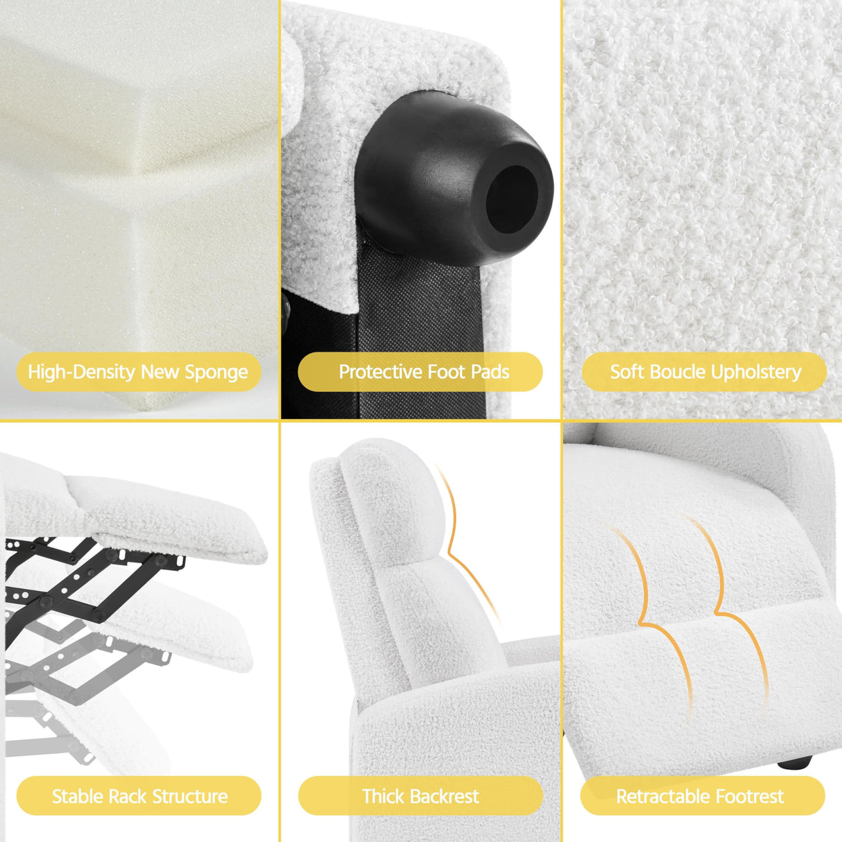 Topeakmart Boucle Recliner Sofa Push Back Recliner Chair Adjustable Modern Single Reclining Chair Upholstered Sofa with Pocket Spring Living Room Bedroom Home Theater White Topeakmart