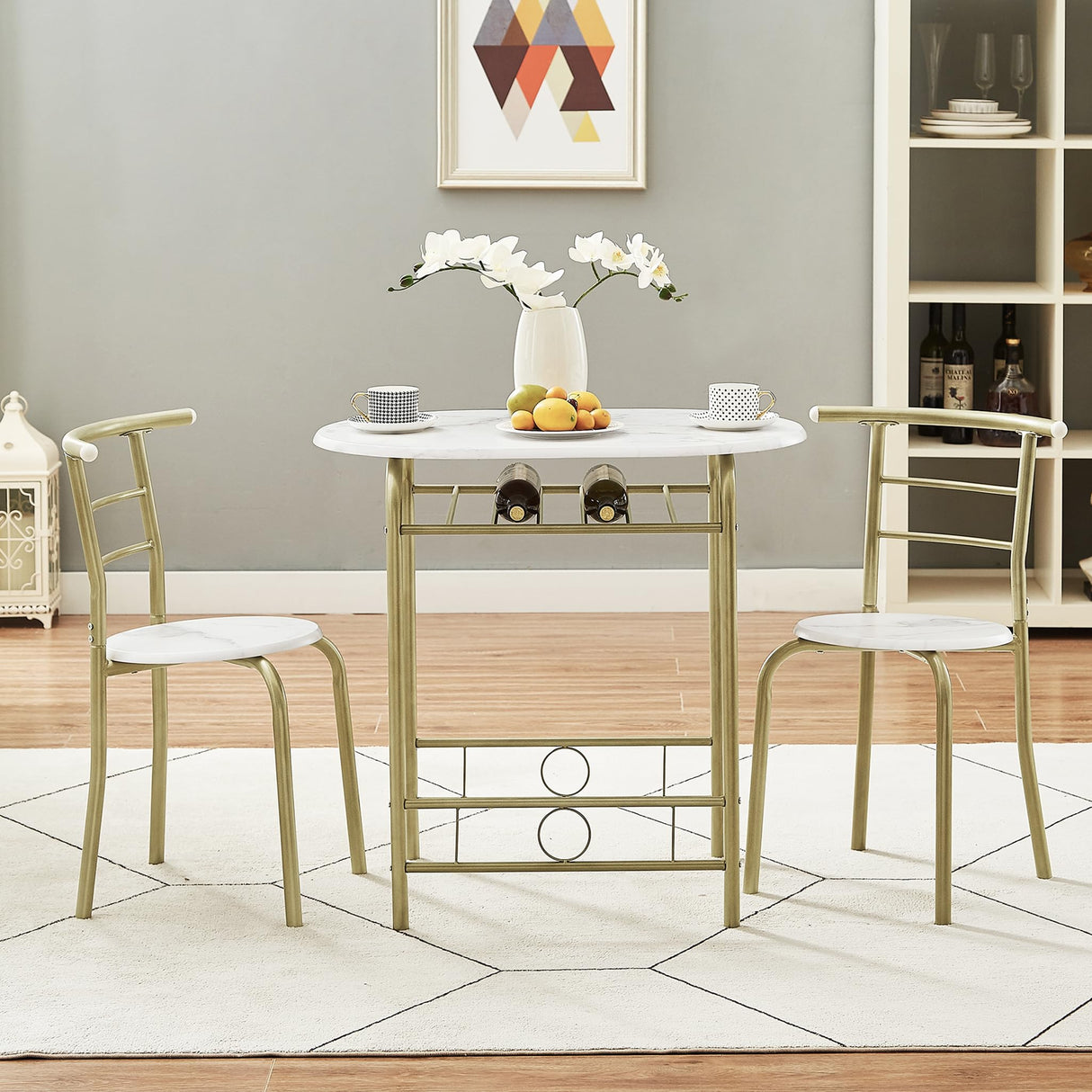 VECELO White & Gold 3-Piece Dining Table Set with Wine Rack for Small Spaces VECELO