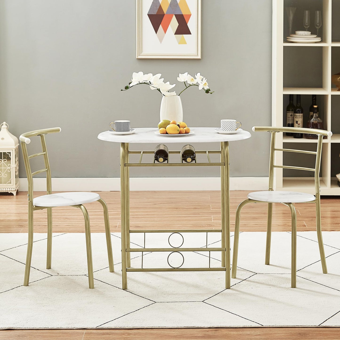 VECELO White & Gold 3-Piece Dining Table Set with Wine Rack for Small Spaces