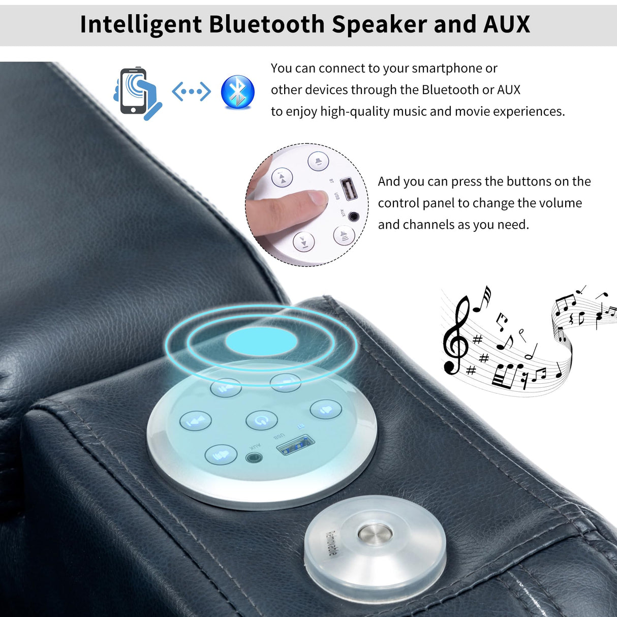 P PURLOVE Power Motion Recliner Chair for Home, PU Electric Recliner with Cooling Cup Holder, Bluetooth Speaker and LED Lights, Home Theater Seating with USB Ports, Tray Table and Arm Storage, Blue P PURLOVE