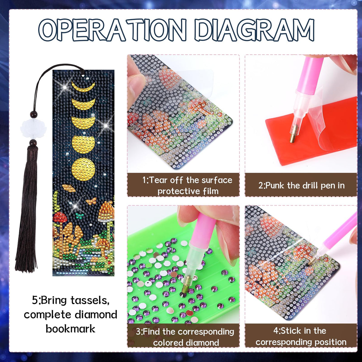 Sitsink Mushroom Diamond Art Kits - 6 Pcs Crescent Moon Mushroom Diamond Art Bookmarks with Tassels, Acrylic Bookmark Diamond Painting Kits for Adult, Boho Diamond Book Markers Sitsink