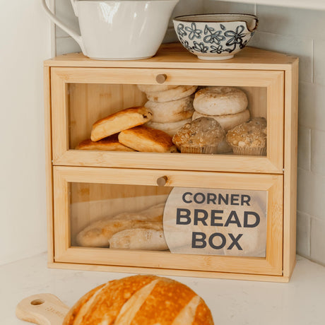 BakedBin Corner Bread Box for Kitchen Countertop - Extra Large Double Layer Bread Boxes, Vintage Airtight Bread Storage for Homemade Bread, Sourdough, Panera, Under Cabinet, Bamboo Wooden BreadBox BakedBin