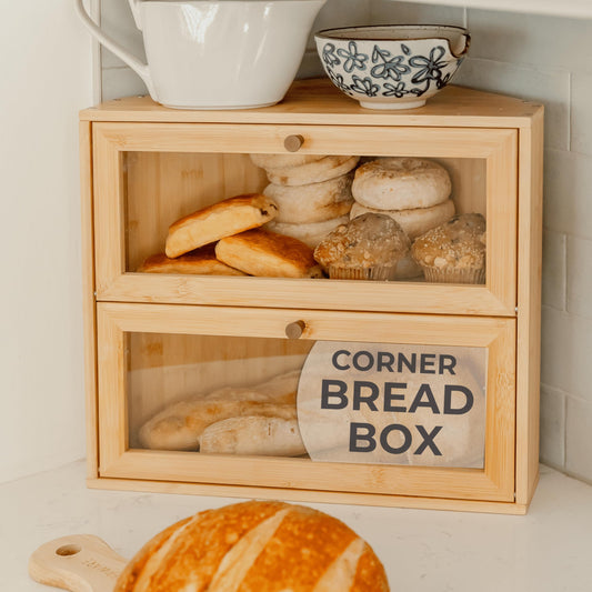 BakedBin Corner Bread Box for Kitchen Countertop - Extra Large Double Layer Bread Boxes, Vintage Airtight Bread Storage for Homemade Bread, Sourdough, Panera, Under Cabinet, Bamboo Wooden Bre - WoodArtSupply