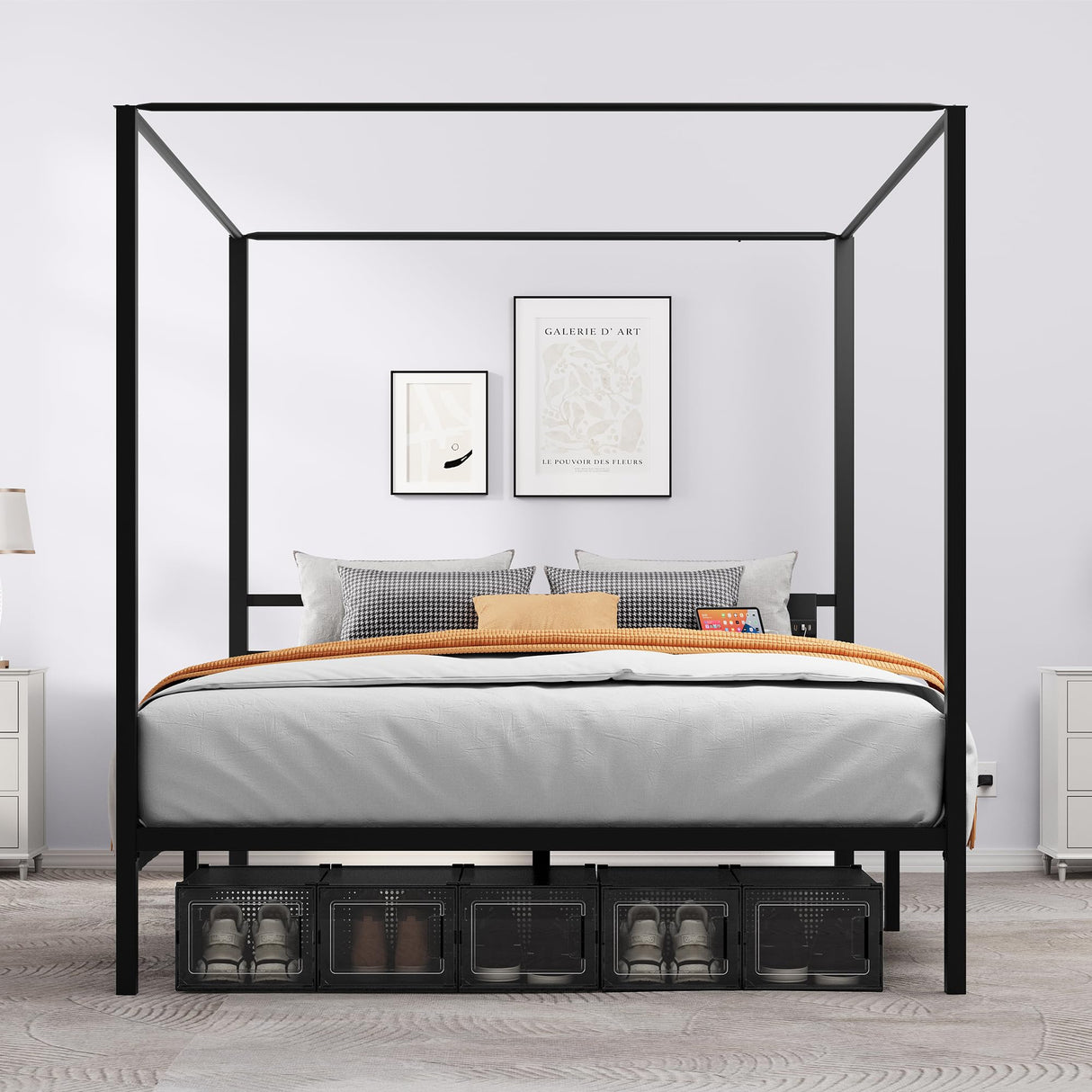 DWVO Canopy Bed Frame King, Four Poster Platform Bed with USB Charging Station, Metal Bed Frame with Slats Support, 12.4 inch Underbed Storage, No Box Spring Needed, Black DWVO