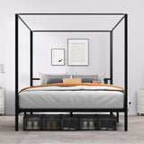 DWVO Canopy Bed Frame King, Four Poster Platform Bed with USB Charging Station, Metal Bed Frame with Slats Support, 12.4 inch Underbed Storage, No Box Spring Needed, Black DWVO