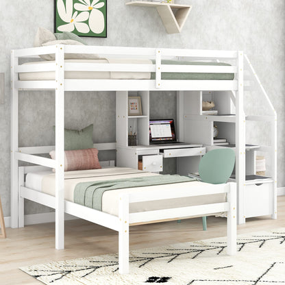 Harper & Bright Designs White Twin over Twin Bunk Bed with Stairs, Desk, and Storage for Kids and Teens