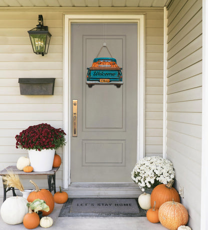 Interchangeable Welcome Sign for Front Door Blue Farmhouse Truck Decor Hanging Sign with 11 Interchangeable Seasonal and Holiday Decor Signs 12x14 in. (Blue Farmhouse Truck)