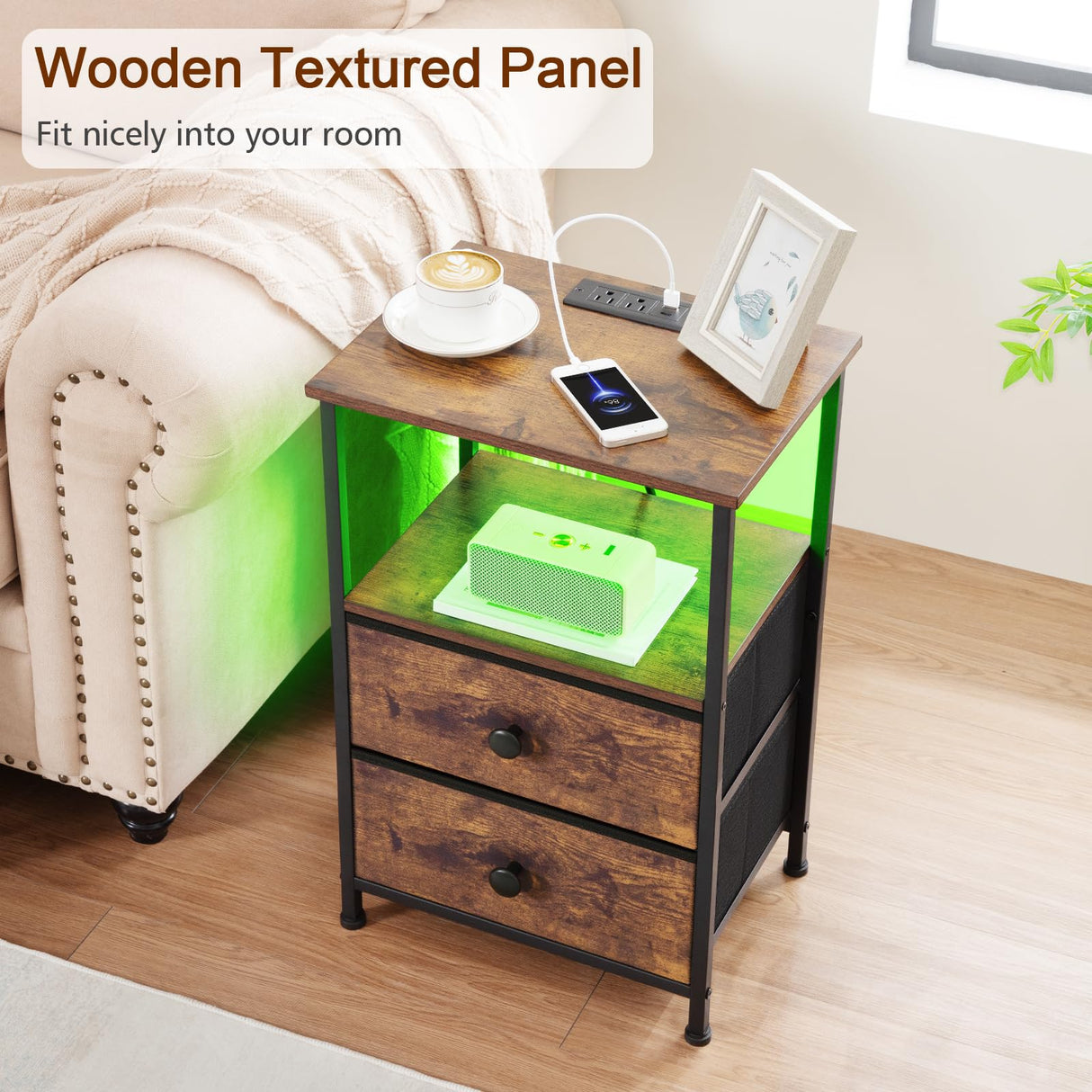 LOAKEKEL Night Stand Set 2, LED Nightstand with Charging Station, End Tables with Storage Shelf, Bedside Table with 2 Fabric Drawers for Bedroom, Small Spaces, Rustic Brown HETS02PBR LOAKEKEL