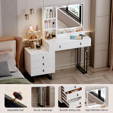 Large Vanity Desk with 3 Color Touch Screen Dimming Mirror, Vanity Desk with Charging Station, Modern Retractable Makeup Dressing Table, Vanity Table With storage shelves and 5 Sliding Drawers, White YYJ