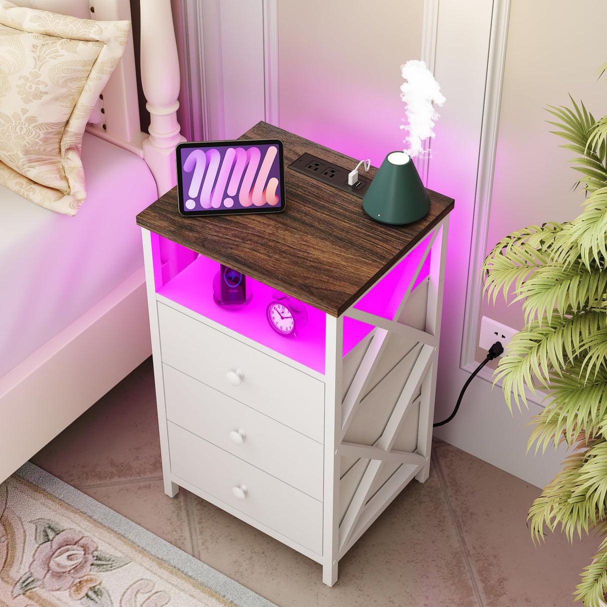 LTTDOUK LED Nightstand with Charging Station, Tall Dresser for Bedroom with LED Light, Side Table Bedside Tables with USB Ports and Outlets, White End Table with Drawer for Bedroom, Living Room LTTDOUK