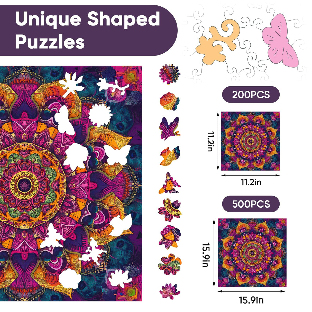 Purple Mandala Wooden Puzzles, 500 Pieces Jigsaw Puzzles 15.9'' x15.9'', Unique Design Liberty Wooden Puzzles for Adults and Kids, Family Game Gift Royal Size delobil