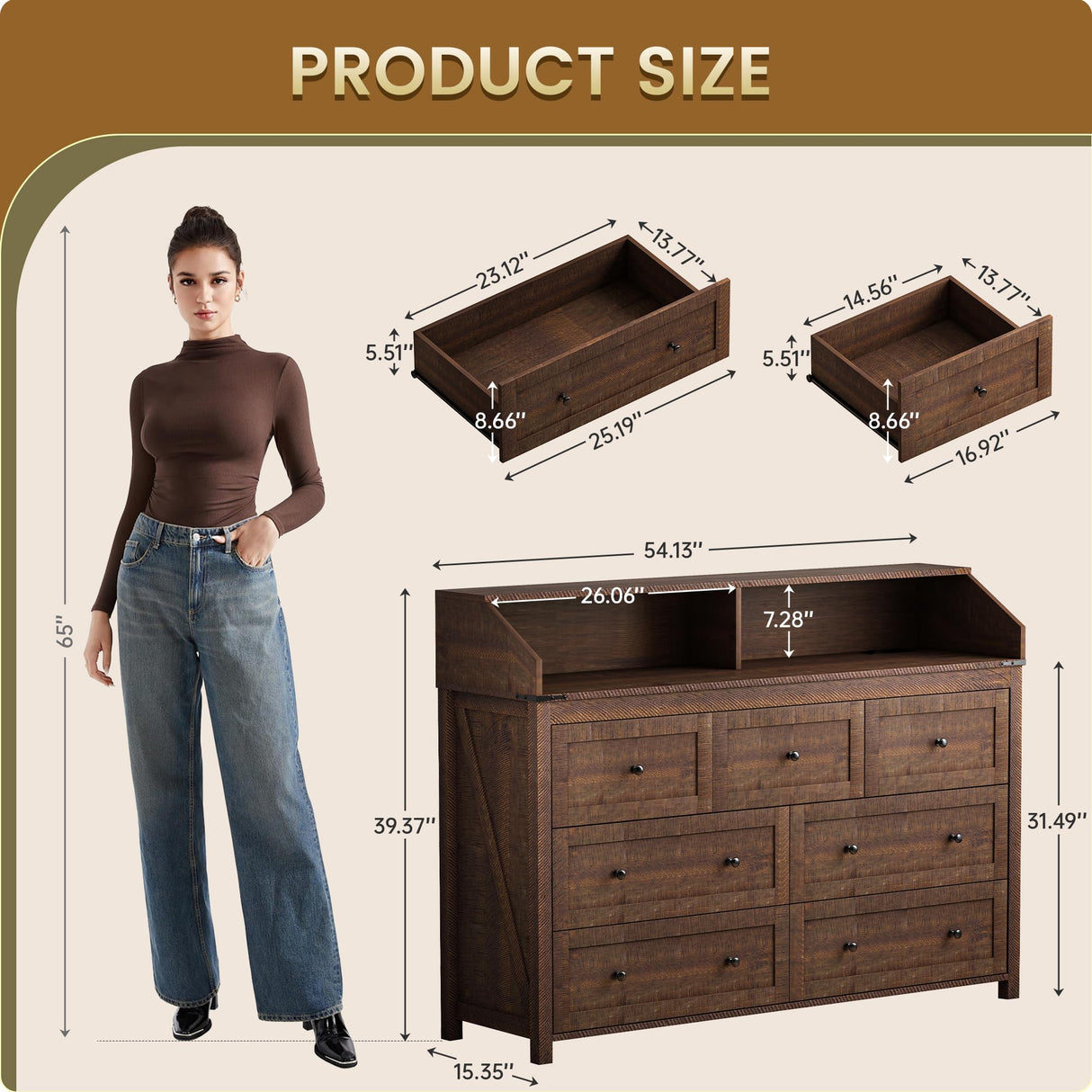 GlouMod Farmhouse 7-Drawer Dresser Chests for Bedroom, LED Dresser with Charging Station, Wood Rustic Tall Chest of Drawers, Brown GlouMod