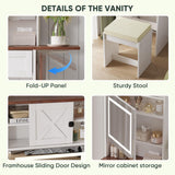 Vanity, Small Vanity Desk with Mirror and Lights, Farmhouse Makeup Vanity Table with 3 Adjustable Lighted Mirror and Chair for Compact Space, Corner Mini White Make up Table with Fold-up Panel Smart FENDEE