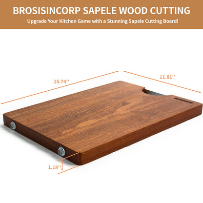 Brosisincorp Real Solid Sapele Cutting Board One Piece No Glue Non Toxic All Whole Single Wood Butcher Block Thick Hard Wood Heavy Duty Edge Grain (Large, 15.74"L*11.81"W*1.18"Th)