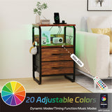 runjuly LED Nightstand, Bed Side Table with Storage, End Table with Drawers & Hooks, Bedside Table with Charging Station, AC Outlets, USB C Ports, Rustic Brown Night Stand Table for Living Room, Dorm runjuly
