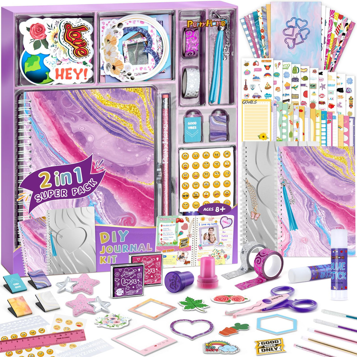 PERRYHOME DIY Journal Kit for Girls Ages 8-14, 2-Pack Journal Set for Tween & Teen Girls, Scrapbook & 100+Pcs Diary Supplies Set,DIY Stationery Set, Gifts for 8 9 10 11 12 13 14 Year Old Girl Birthday PERRYHOME