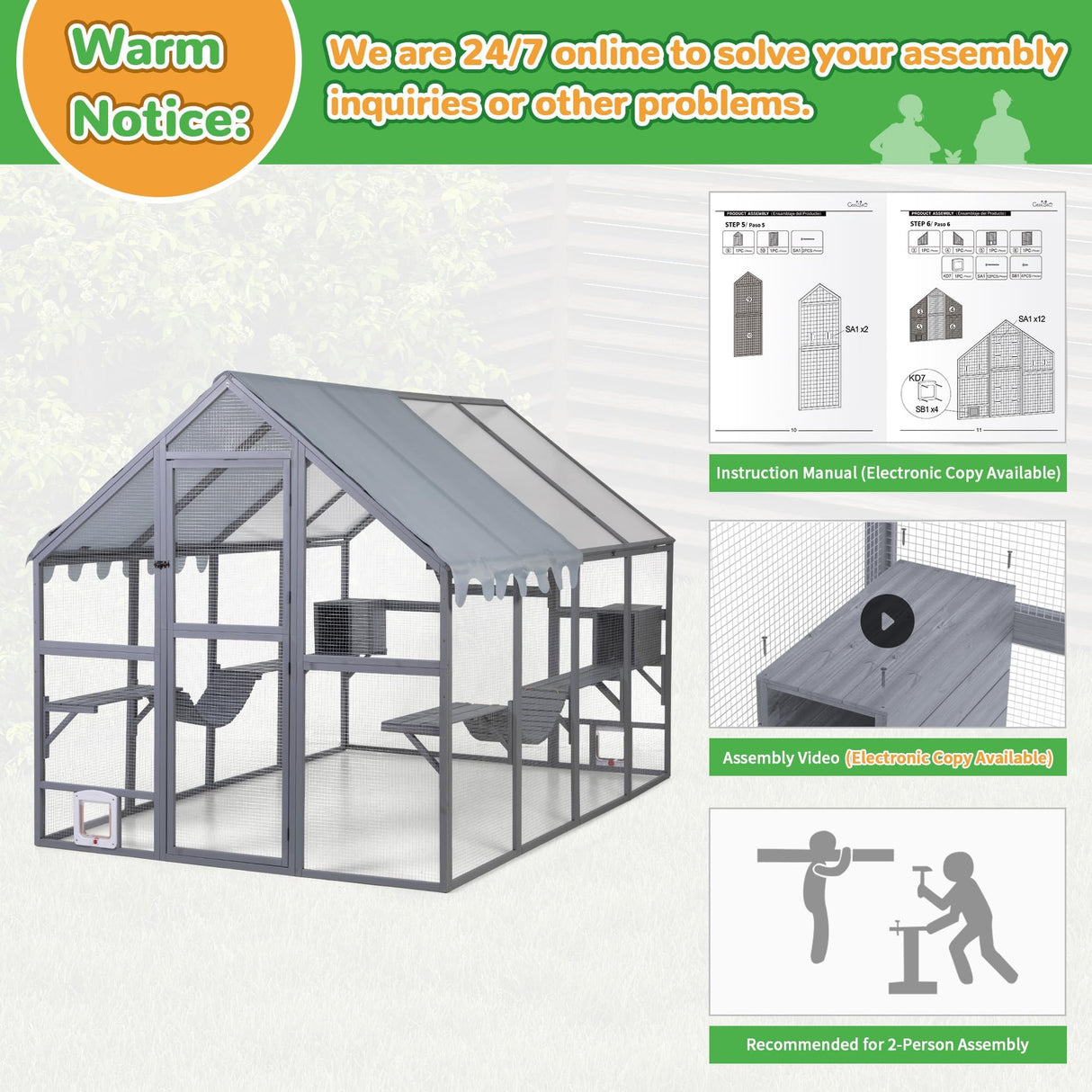 Large Catio Outdoor Cat Enclosure, 53.5ft² Extra Large Outdoor Catio for Multiple Cats, Big Wooden Walk-in Outside Cattery Cat Run with Weatherproof Full Cover, Window Access Avaliable, Grey COZIWOW
