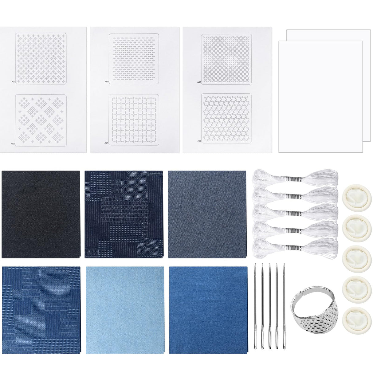 Hahafelt Sashiko Kit Sashiko Thread and Needles Thimble Denim Fabric Water Soluble Japanese Embroidery Kit for Beginners Hand Quilting and Mending, Sewing Supplies Hahafelt
