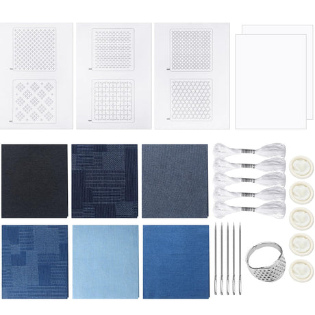 Hahafelt Sashiko Kit Sashiko Thread and Needles Thimble Denim Fabric Water Soluble Japanese Embroidery Kit for Beginners Hand Quilting and Mending, Sewing Supplies Hahafelt