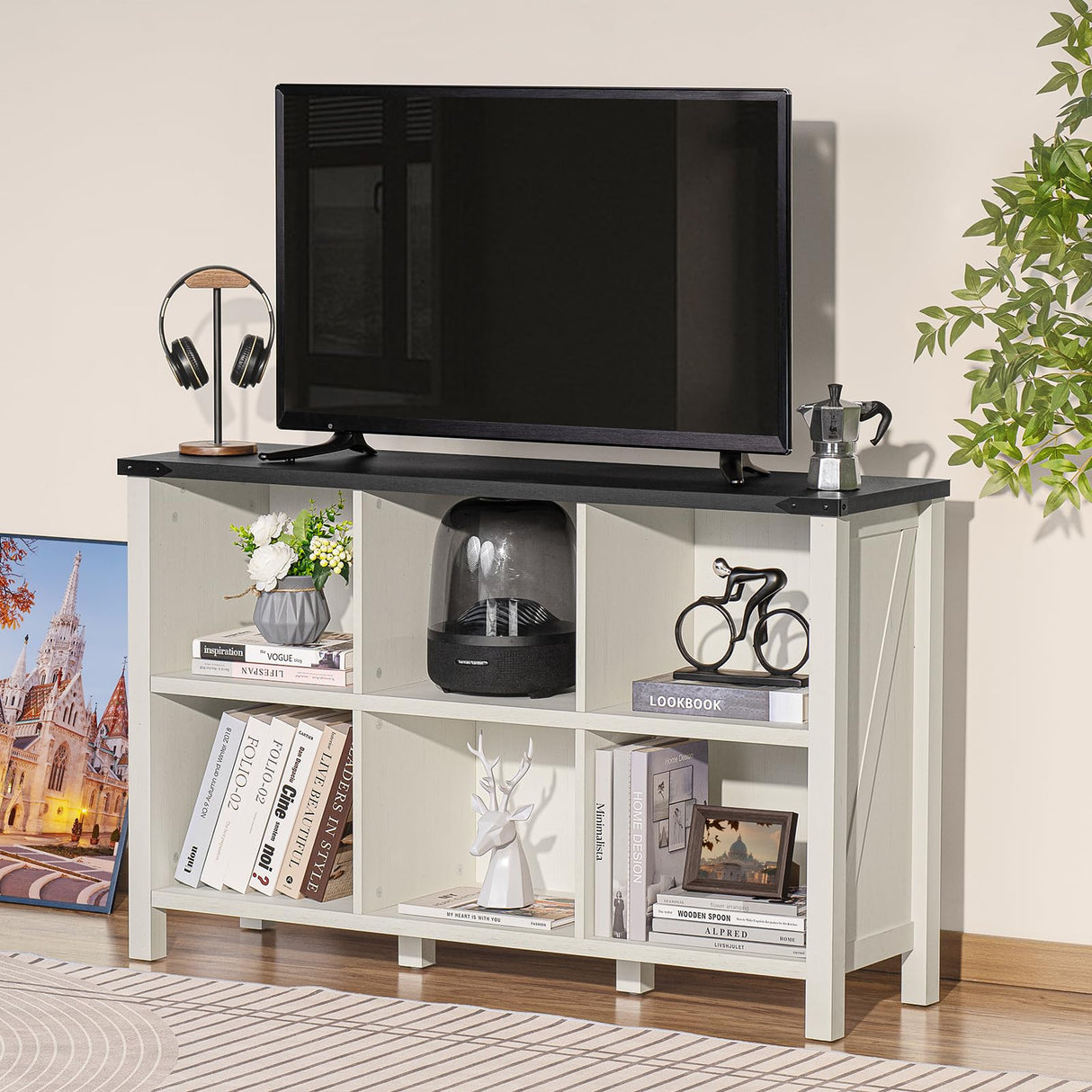 Joaxswe Rustic Farmhouse 6-Cube Bookcase in Antique White & Black for Elegant Storage Solutions Joaxswe