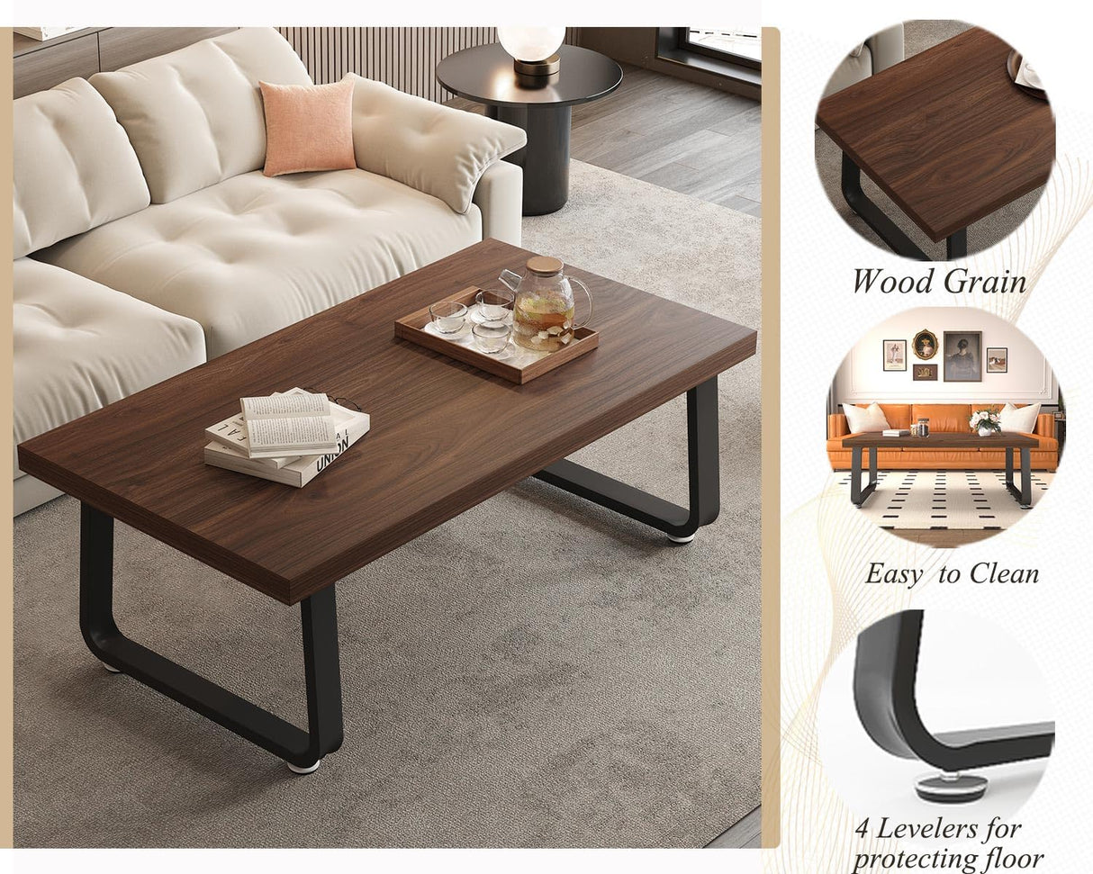 HSH Rustic Walnut Coffee Table, 39” Mid Century Modern Center Table, Rectangle Industrial Living Room Coffee Table, Simple Farmhouse Wood and Metal Tea Coffee Table for Home Bedroom, Walnut, 39 in HSH