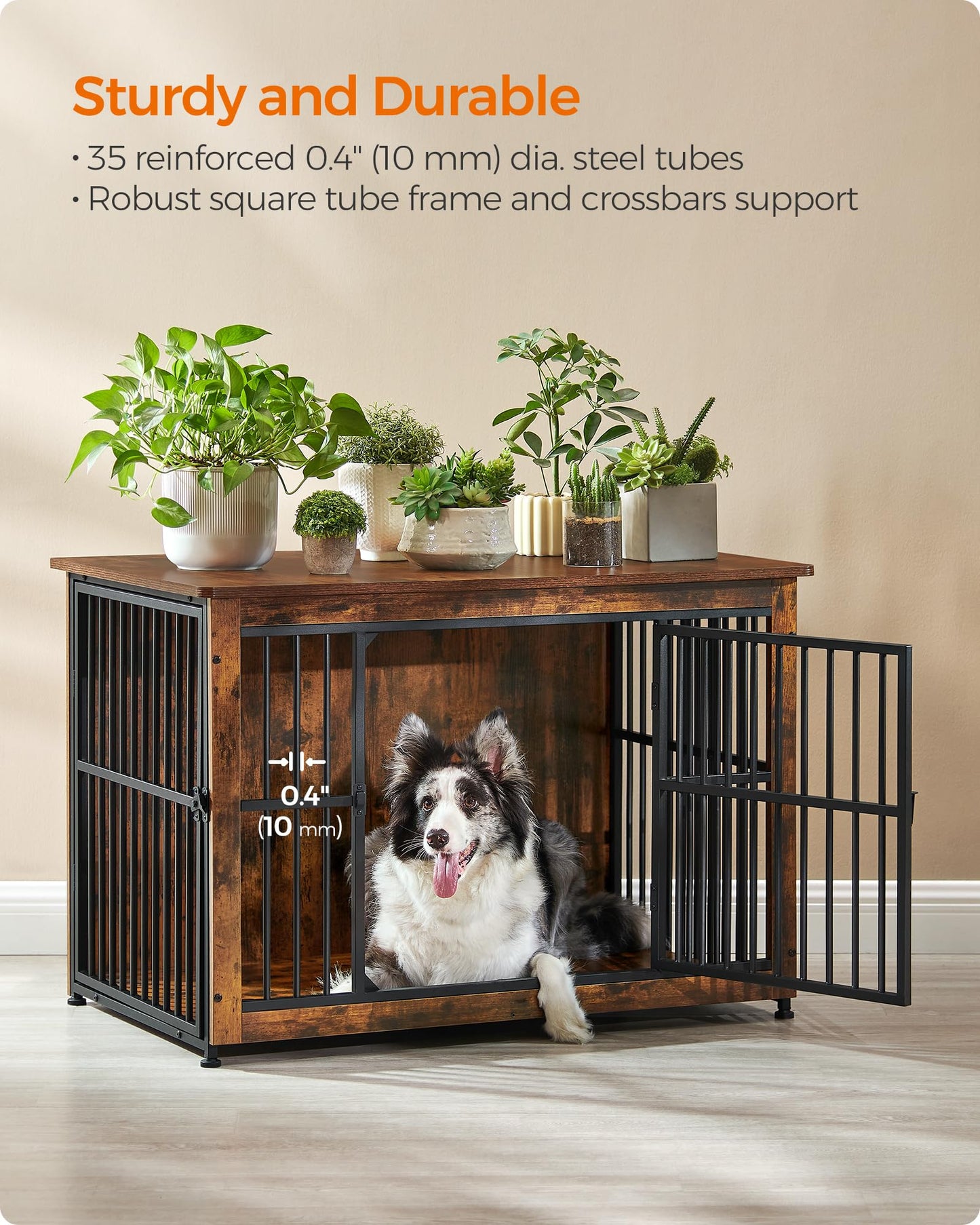 Feandrea Dog Crate Furniture, Side End Table, Modern Kennel for Dogs Indoor up to 70 lb, Heavy-Duty Dog Cage with Enclosed Base, Double-Door Dog House, Rustic Brown UPFC023X01 - WoodArtSupply