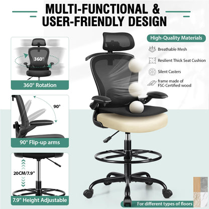 AtHope Drafting Chair, Tall Office Chair with 3D Lumbar & Head Support, Ergonomic Mesh Standing Desk Chair with Footring, Comfy Extended High Desk Chair with Flip-Up Arms & Hanger (Black)