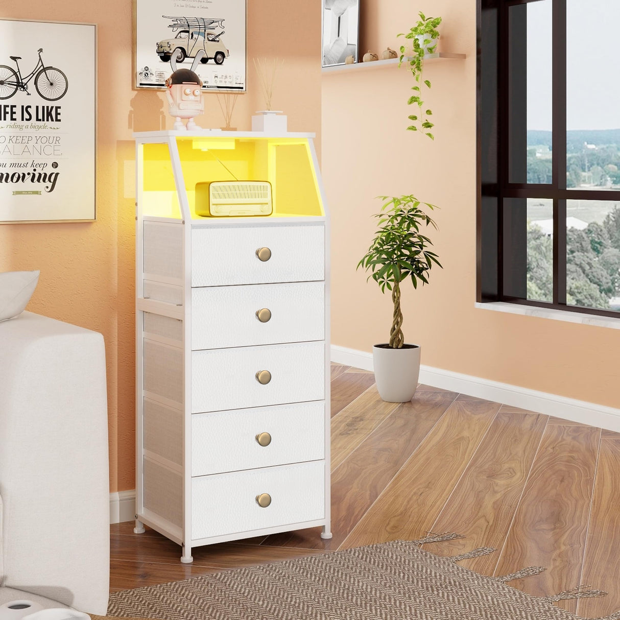 Tohomeor Dresser with Fabric Drawers Nightstand with 2 Tier Shelf Storage Tower for Bedroom Hallway Entryway Closet Organizer Sofa Beside Table Furniture (White, 5 Drawers) Tohomeor