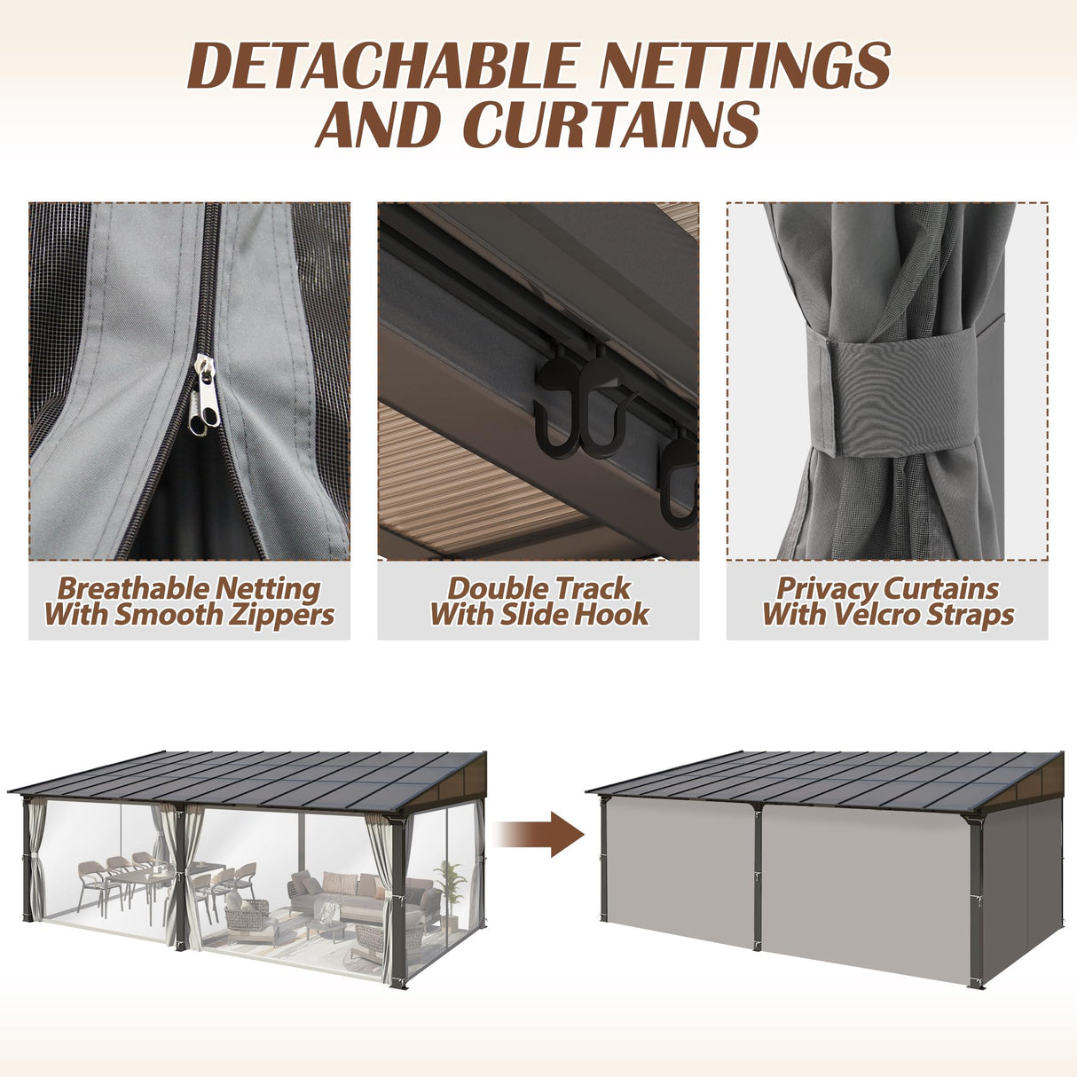 Raysfung 12 x20FT Outdoor Wall-Mounted Hardtop Gazebo, Aluminum Frame Lean to Gazebo with Polycarbonate Roof and Curtains for Patio, Garden, Deck Raysfung