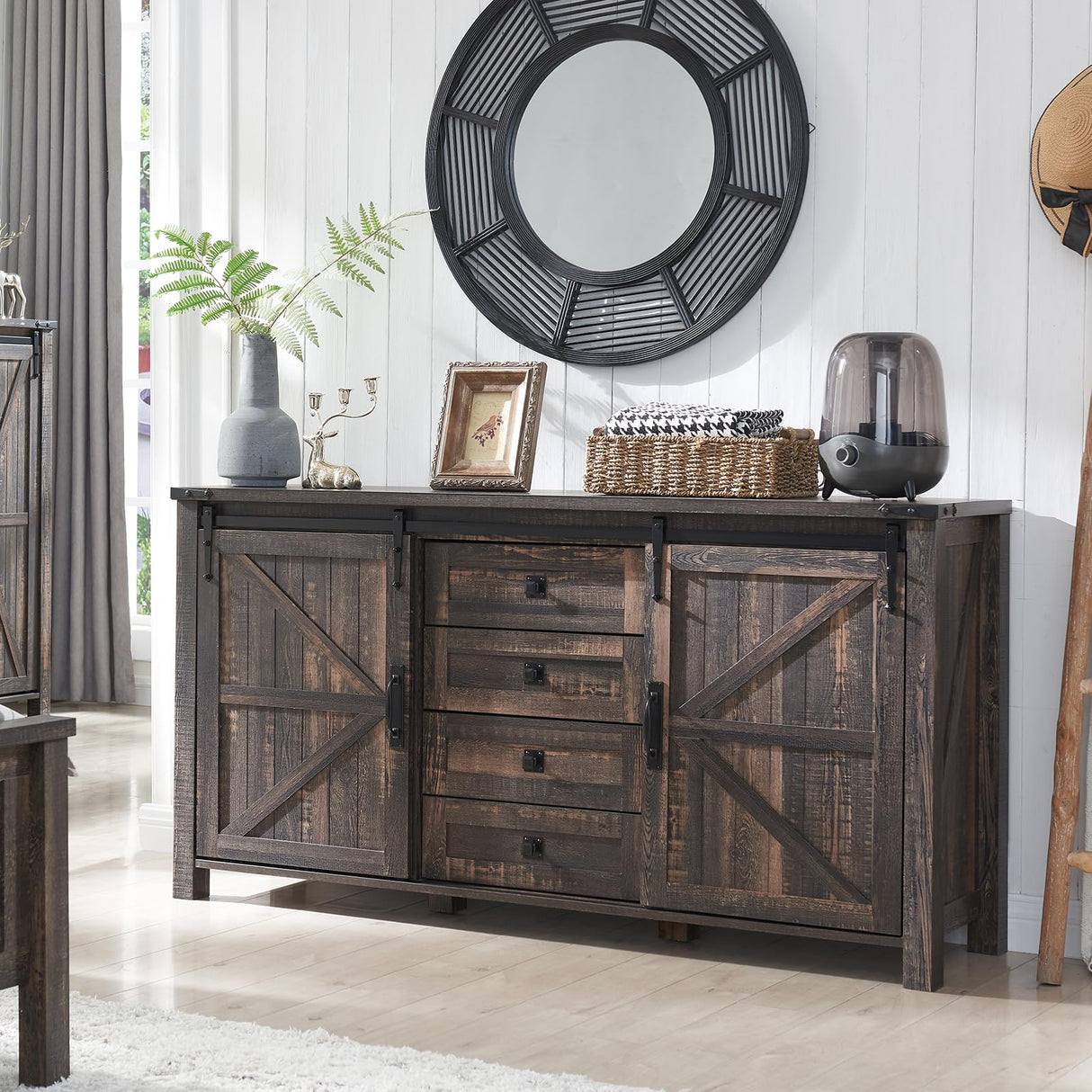 Farmhouse Rustic Sideboard Buffet Cabinet with Sliding Barn Doors and Drawers - 60" Dark Rustic Oak T4TREAM