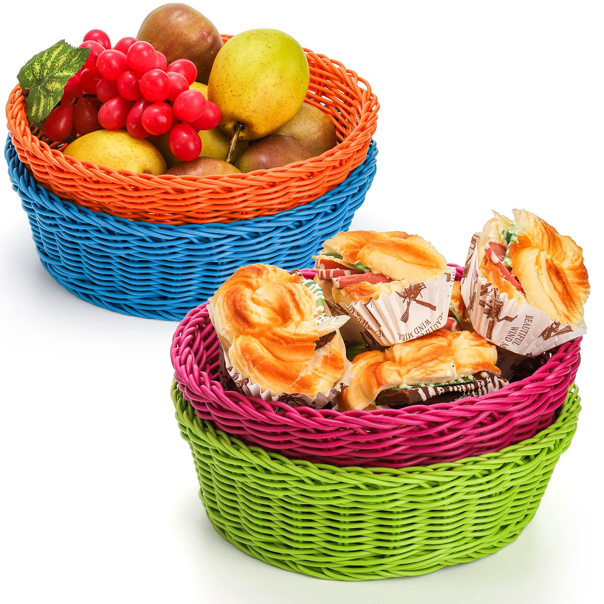 AVLA 4 Pack Woven Breads Baskets, Imitation Rattan Fruit Storage Bowls, Stackable Handwoven Serving Basket, Poly-Wicker Round Basket Set for Organizing, Decorative Gift Basket for Countertop, Pantry AVLA