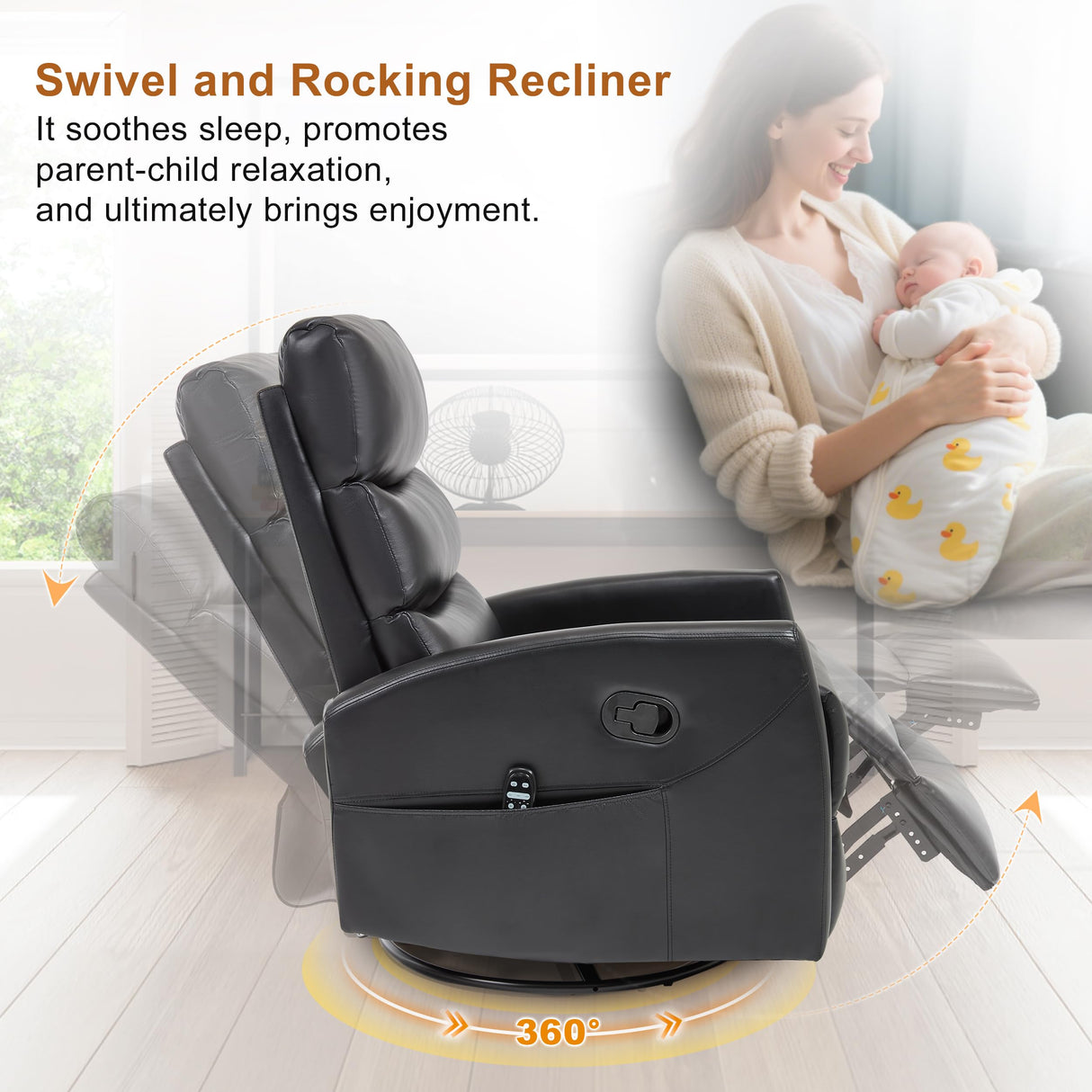 Manual Swivel Rocker Recliner Chair for Adults, Overstuffed Reclining Glider Chair for Nursing with Vibration Massage & Heat, Living Room Rocking Recliner 3-Stage backrest, Faux Leather Black EZZUP