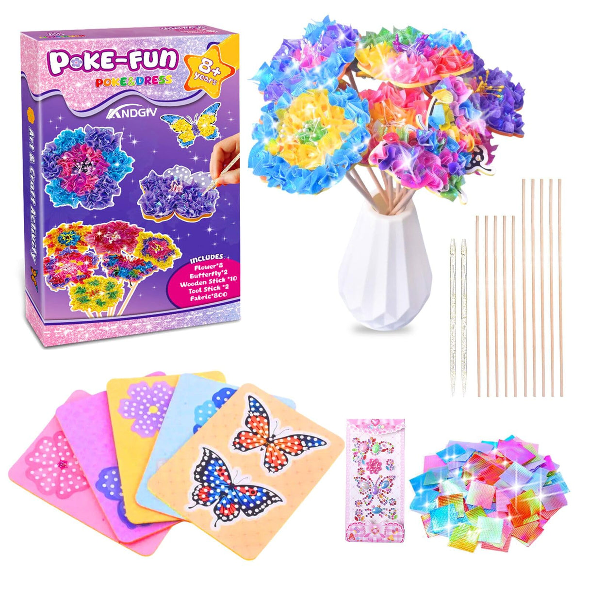 Poke in Flower Bouquet Kit for Girls Ages 8-12, W/ 8 Flowers & 2 Butterflies, Poke in DIY Arts Crafts Toys for Girl, Mess-Free Fun Activity, Birthday Gifts for Girls & Boys 4, 5, 6, 7, 9, 10 Year Old Andgiv