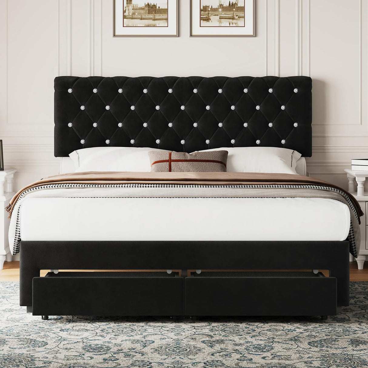 Belffin Full Size Bed Frame with 2 Storage Drawers, Upholstered Bed Frame with Adjustable Diamond Headboard, Velvet Modern Platform Bed Frame, No Box Spring Needed, Easy to Assemble, Black Belffin