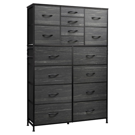 WLIVE 16 Drawers Dresser, Tall Dresser for Bedroom, Closet, Hallway, Storage Dresser Organizer unit, Large Dressers & Chests of Drawers with Fabric Bins, Charcoal Black Wood Grain Print WLIVE