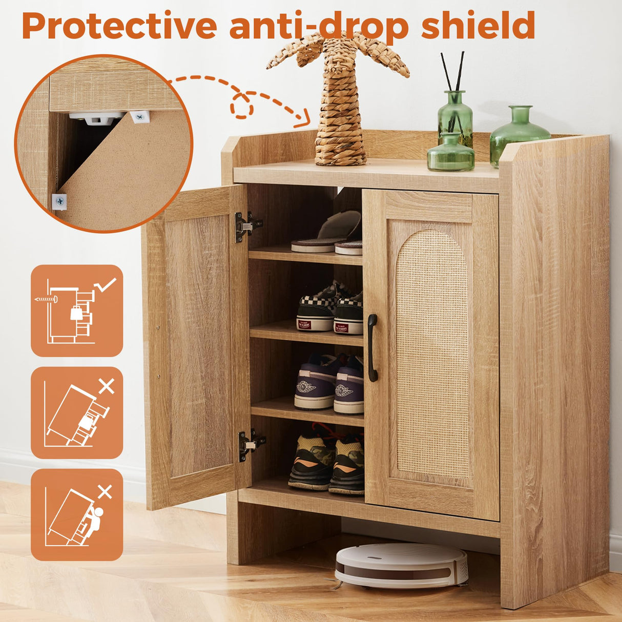 Mericonia Shoe Cabinet Storage for Entryway, Natural Rattan Shoe Storage Cabinet, Wooden Shoe Rack Cabinet, Farmhouse Boho Wood Shoe Organizer Cabinet for Hallway Mericonia