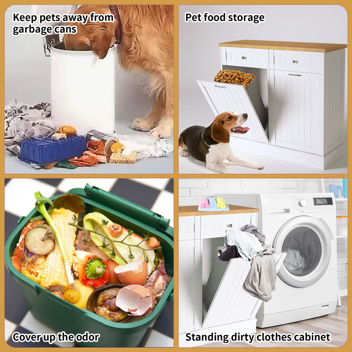 TOLEAD Double Tilt Out Trash Cabinet 20 Gallon,Antique-Style Beadboard Trash Can Cabinet Kitchen with Solid Wood Tabletop & Drawer, Pet Proof Trash Can, Wood Laundry Cabinet TOLEAD