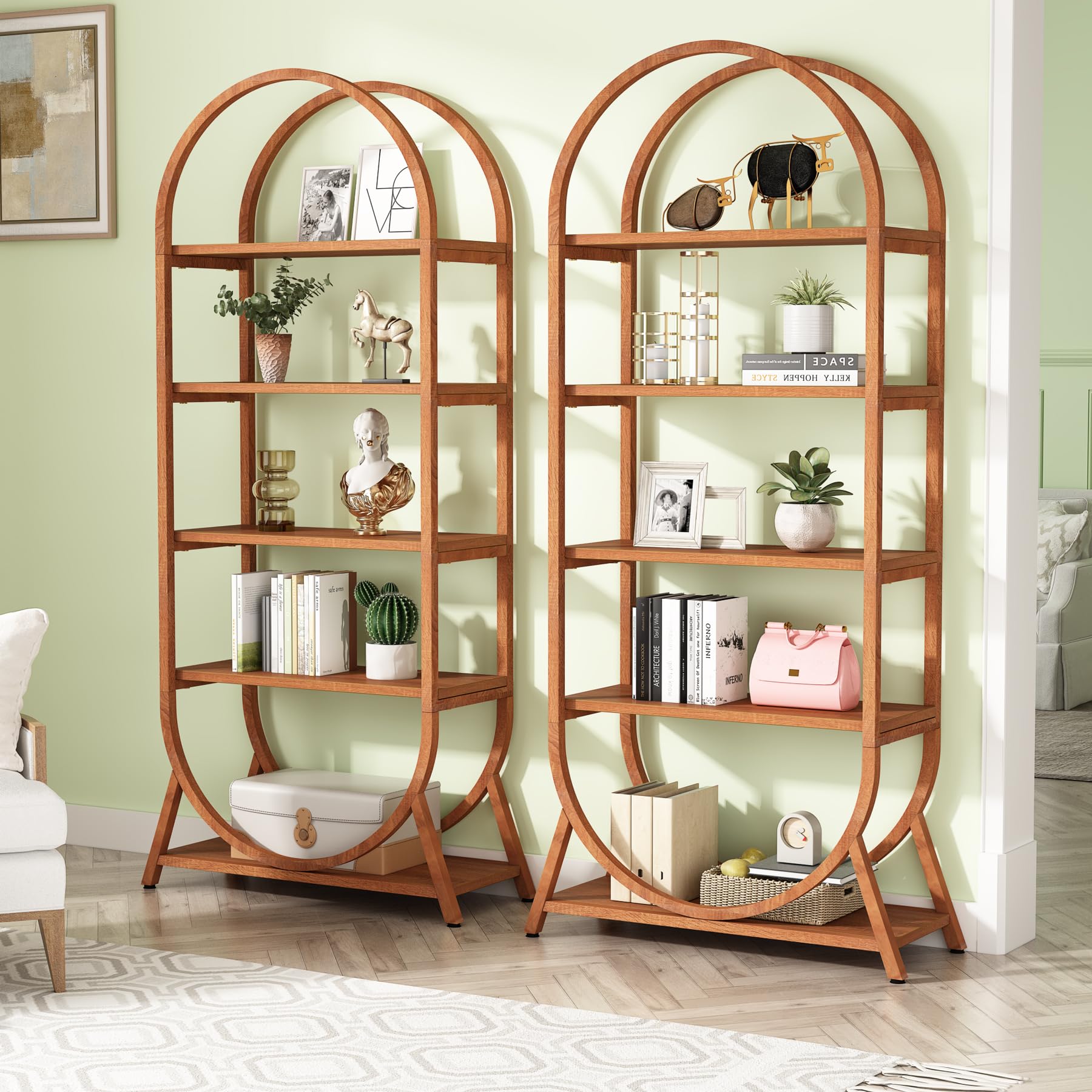 Tribesigns 5-Tier Arched Bookshelf - Modern Bright Brown Metal Frame Storage Unit - WoodArtSupply