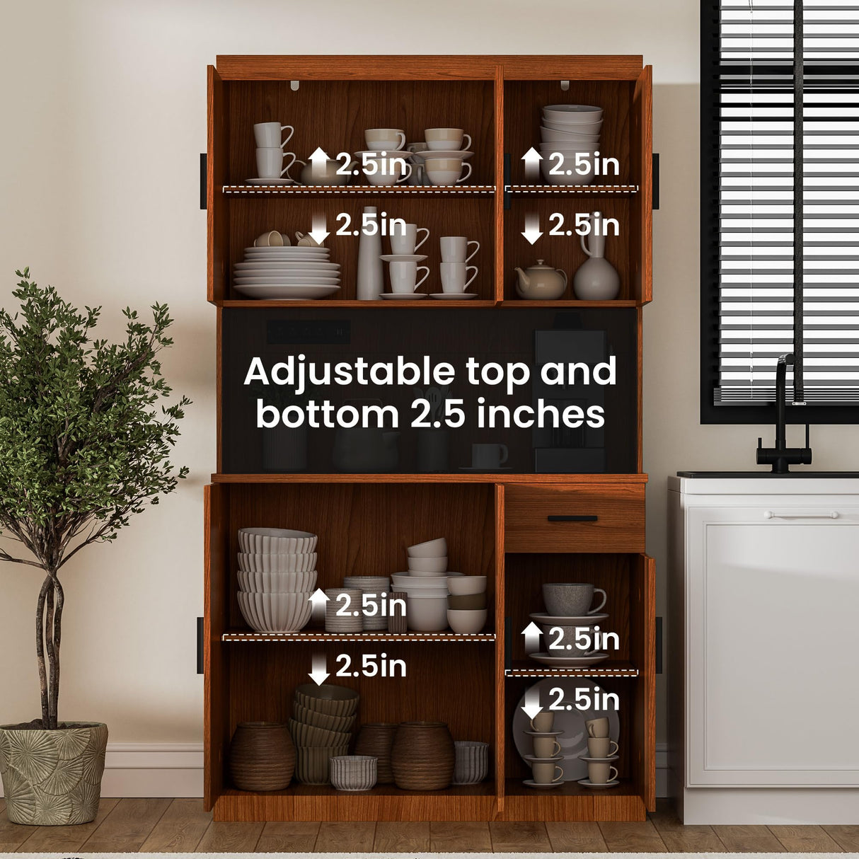 DIYART 71 Inch Brown Pantry Cabinet with Power Outlet, Heavy-Duty Freestanding Kitchen Storage Organizer with Reinforced Frame, Pantry Hutch for Kitchen, Dining Room, Laundry Room DIYART