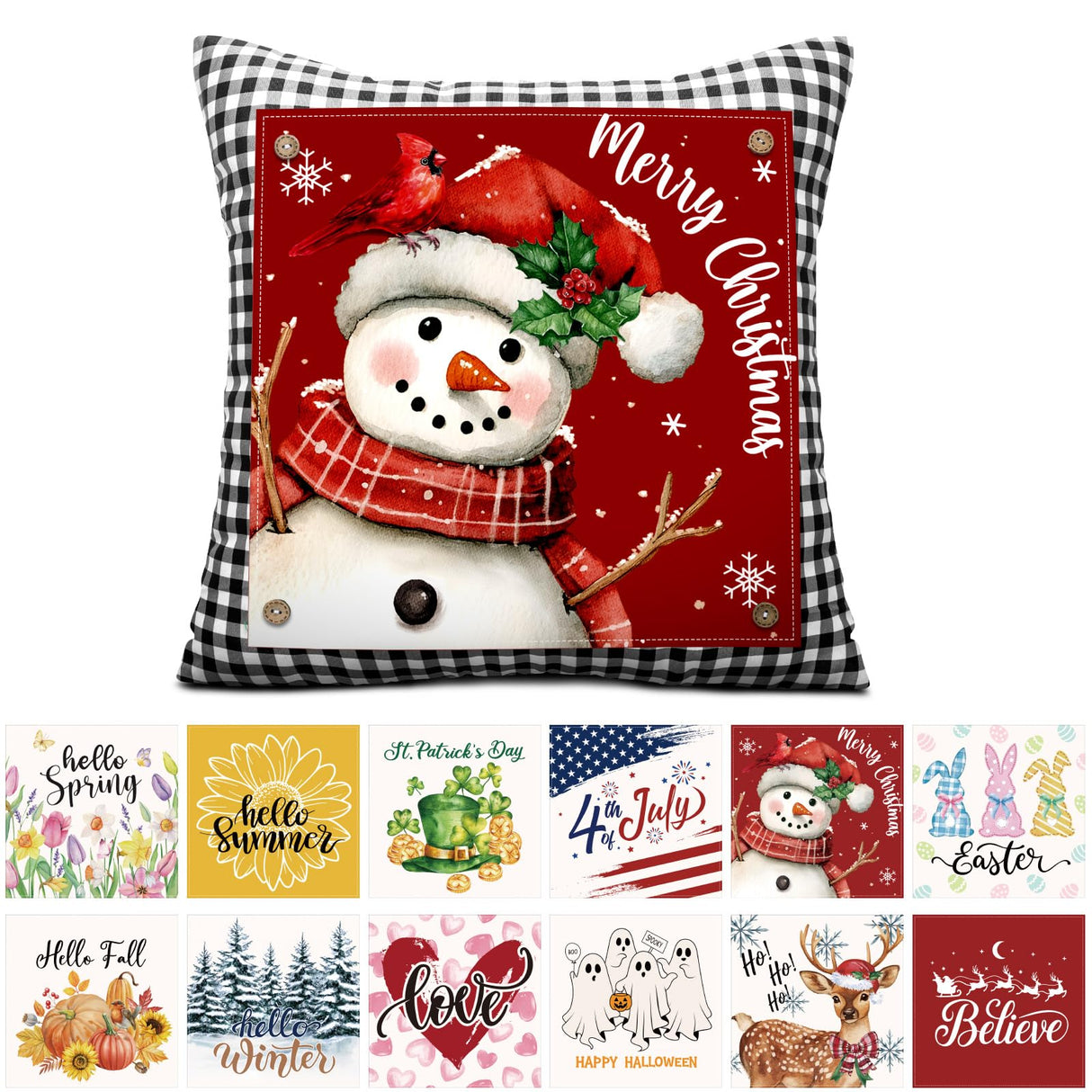 Set of 13 Seasonal Holiday Throw Pillow Covers 18 x 18 in with 12 Interchangeable Holiday Panels Christmas Thanksgiving Fall Xmas Winter Decorative Square Pillowcase for Farmhouse Sofa Home Decor Hahafelt