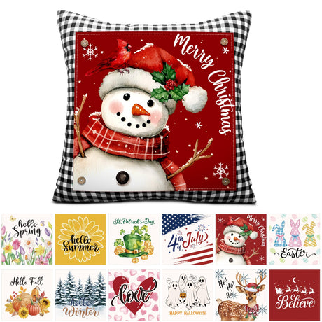 Set of 13 Seasonal Holiday Throw Pillow Covers 18 x 18 in with 12 Interchangeable Holiday Panels Christmas Thanksgiving Fall Xmas Winter Decorative Square Pillowcase for Farmhouse Sofa Home Decor Hahafelt