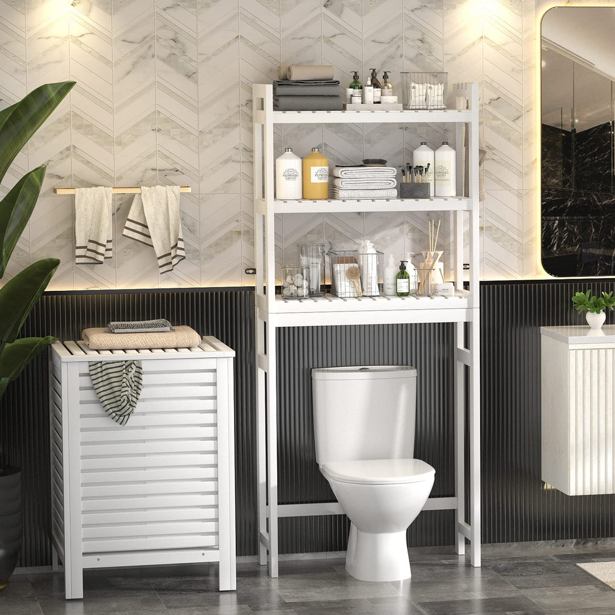 Homykic Over The Toilet Storage, Bamboo 3-Tier Over-The-Toilet Space Saver Organizer Rack, Stable Freestanding Above Toilet Stand with 3 Hooks for Bathroom, Restroom, Laundry, White Homykic