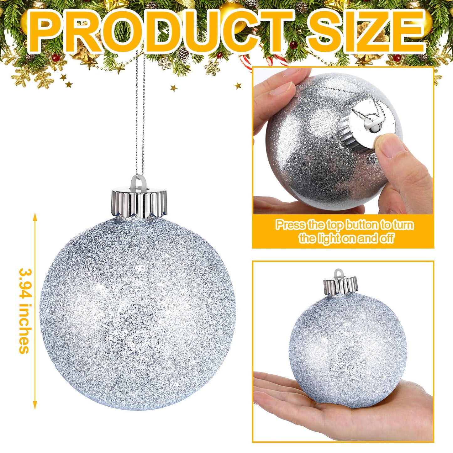 Libima 6 Pcs LED Lighted Christmas Ball Ornament Lights Outdoor Decorations Light Up Xmas Globe Pulsing Lights Battery Powered Hanging Christmas Ball Light for Christmas Tree (Silver)