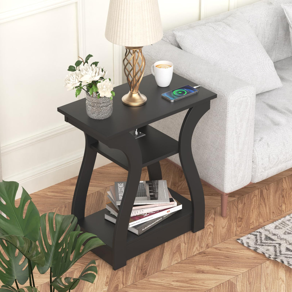 FROMJBEST End Table Set of 2 with Charging Station, Side Table with USB Ports and Outlets, Nightstand, 3 Tier End Table with Storage Shelf for Living Room, Bedroom(Black Set of 2) FROMJBEST