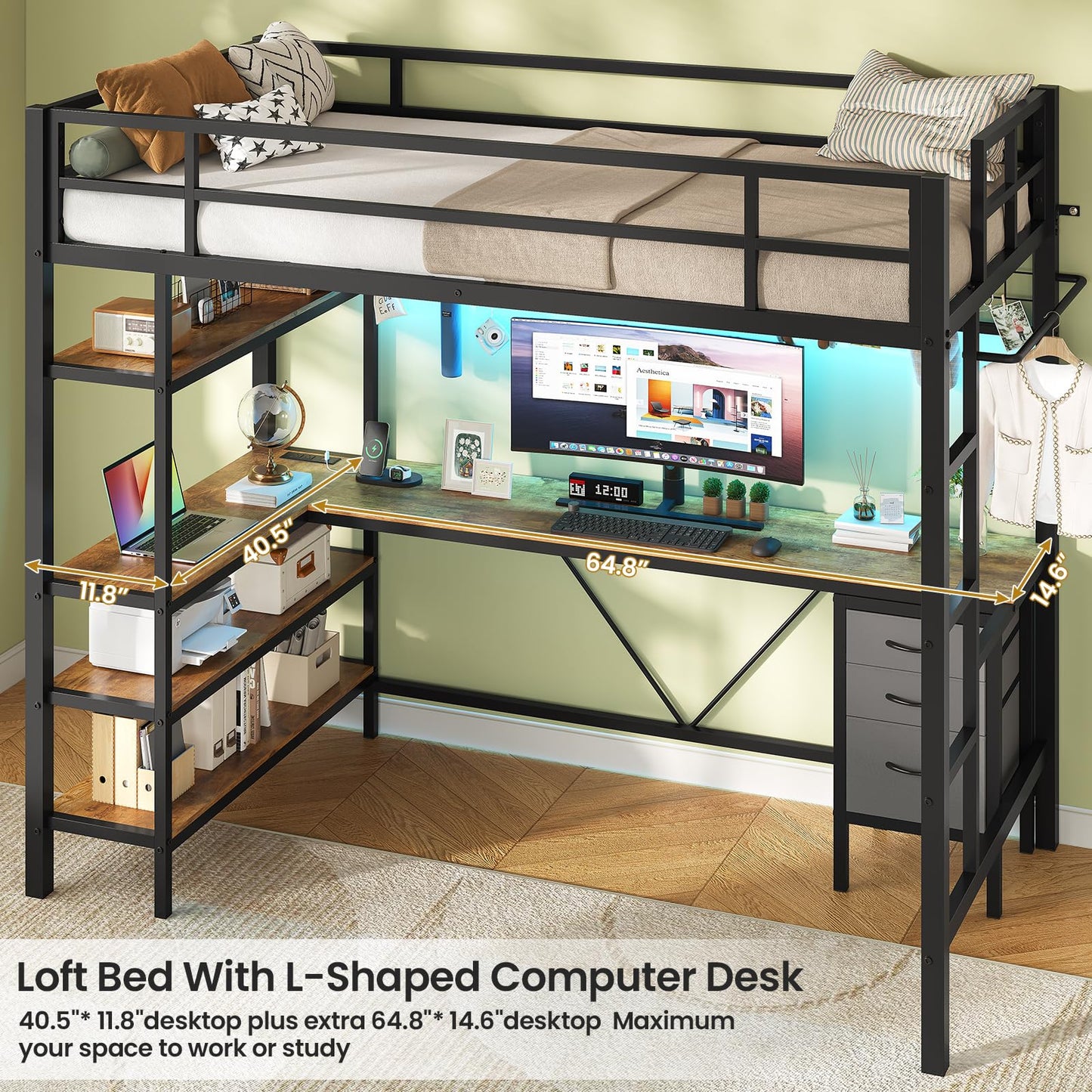 VIAGDO Loft Bed Twin Size with L-Shaped Desk, Charging Station and LED Lights, Twin Loft Bed with 4-Tier Bookshelf and 3 Drawers, Clothes Rail, Safety Guardrail&Ladder, No Box Spring Needed, Black