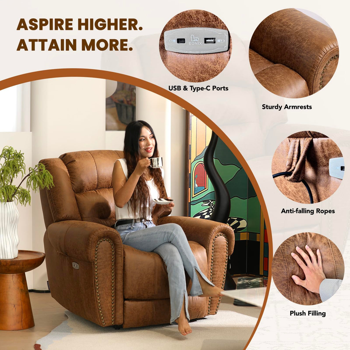 EONIX Classical Large Power Lift Recliner Chair for Elderly with Heat and Massage, Dual Motor Lay Flat Electric Lift Chair Recliner for Adults, Living Room, Bedroom, SLRY005061, Nut Brown EONIX